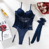 Women Lace See-Through Lace-Up Lace Metal Chain Suspender Bodysuit Sexy Lingerie