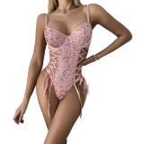 Women Pink Sequin Shaping Butterfly Lace-Up Sexy Bodysuit