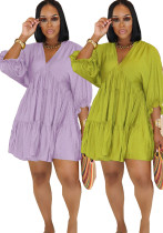 Women Solid Casual V Neck Three-quarter Sleeve Pleated Dress