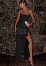 Women Strapless Sexy Swing Neck Ruffle Mesh Slit Dress