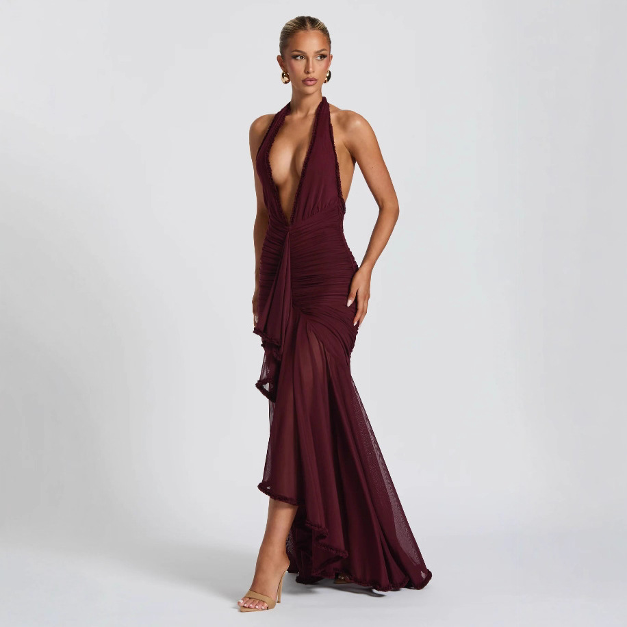 Women Sexy Stretch Suspender Solid V-Neck Dress