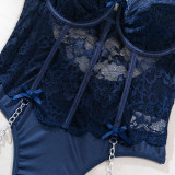 Women Lace See-Through Lace-Up Lace Metal Chain Suspender Bodysuit Sexy Lingerie