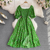 Women Summer French Square Neck Bubble Short Sleeve Slit Dress