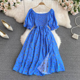 Women Summer French Square Neck Bubble Short Sleeve Slit Dress