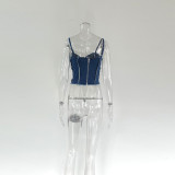 Women Sexy Strapless Fishbone Suspender Sleeveless Denim Top