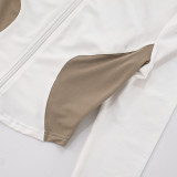 Women Stand Collar Contrast Patchwork Long Sleeve Finger Zipper Top Knot Shorts Two-Piece Set