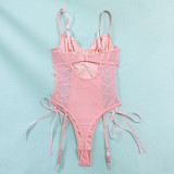 Women Pink Sequin Shaping Butterfly Lace-Up Sexy Bodysuit