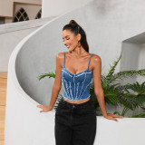 Women Sexy Strapless Fishbone Suspender Sleeveless Denim Top