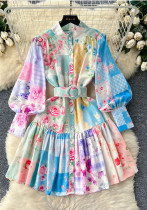 Women Stand Collar Lantern Long Sleeve Ruffle Printed Dress