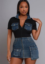 Women Short Sleeve Zipper Sexy Pocket Denim Dress Women Short Sleeve Zipper Sexy Pocket Denim Dress