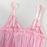 Women Pink Ruffle Edge Suspender Nightdress Sexy Lingerie