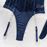 Women Lace See-Through Lace-Up Lace Metal Chain Suspender Bodysuit Sexy Lingerie