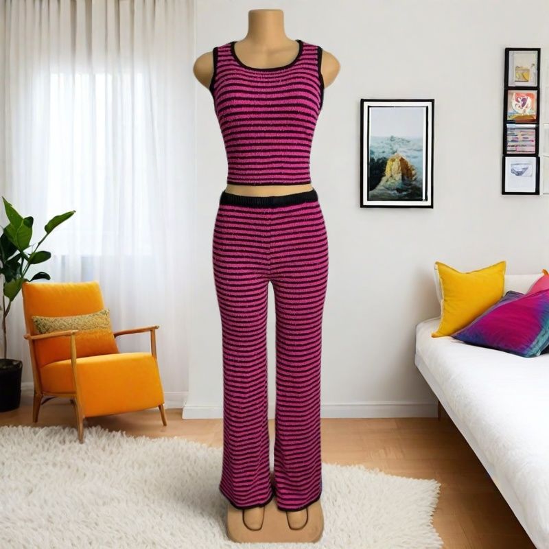 Women Striped Casual Sleeveless Top and Pant Two-Piece Set