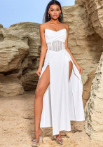 Women Backless Cross Strapless Rhinestone High Slit Sexy Dress