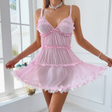 Women Pink Ruffle Edge Suspender Nightdress Sexy Lingerie