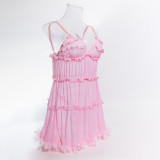 Women Pink Ruffle Edge Suspender Nightdress Sexy Lingerie