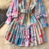 Women Stand Collar Lantern Long Sleeve Ruffle Printed Dress