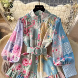 Women Stand Collar Lantern Long Sleeve Ruffle Printed Dress