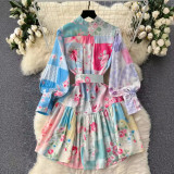 Women Stand Collar Lantern Long Sleeve Ruffle Printed Dress