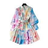 Women Stand Collar Lantern Long Sleeve Ruffle Printed Dress