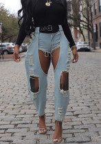 Women Casual Ripped Belt Denim Pants