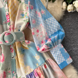 Women Stand Collar Lantern Long Sleeve Ruffle Printed Dress