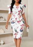 Women Summer Puff Sleeve Elegant V-neck Floral Shirt and Skirt
