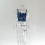 Women Sexy Strapless Fishbone Suspender Sleeveless Denim Top