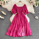Women Summer French Square Neck Bubble Short Sleeve Slit Dress