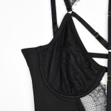 Women Lace Bodysuit Off Shoulder Halter Neck Hollow See-Through Suspender Sexy Lingerie