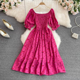 Women Summer French Square Neck Bubble Short Sleeve Slit Dress