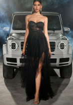 Women Sexy Butterfly Flower Mesh Strapless Backless slit dinner dress Women Sexy Butterfly Flower Mesh Strapless Backless slit dinner dress