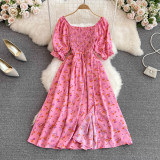 Women Summer French Square Neck Bubble Short Sleeve Slit Dress
