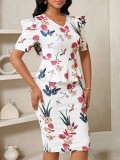 Women Summer Puff Sleeve Elegant V-neck Floral Shirt and Skirt