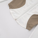 Women Stand Collar Contrast Patchwork Long Sleeve Finger Zipper Top Knot Shorts Two-Piece Set