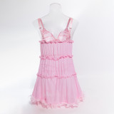 Women Pink Ruffle Edge Suspender Nightdress Sexy Lingerie