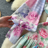 Women Stand Collar Lantern Long Sleeve Ruffle Printed Dress