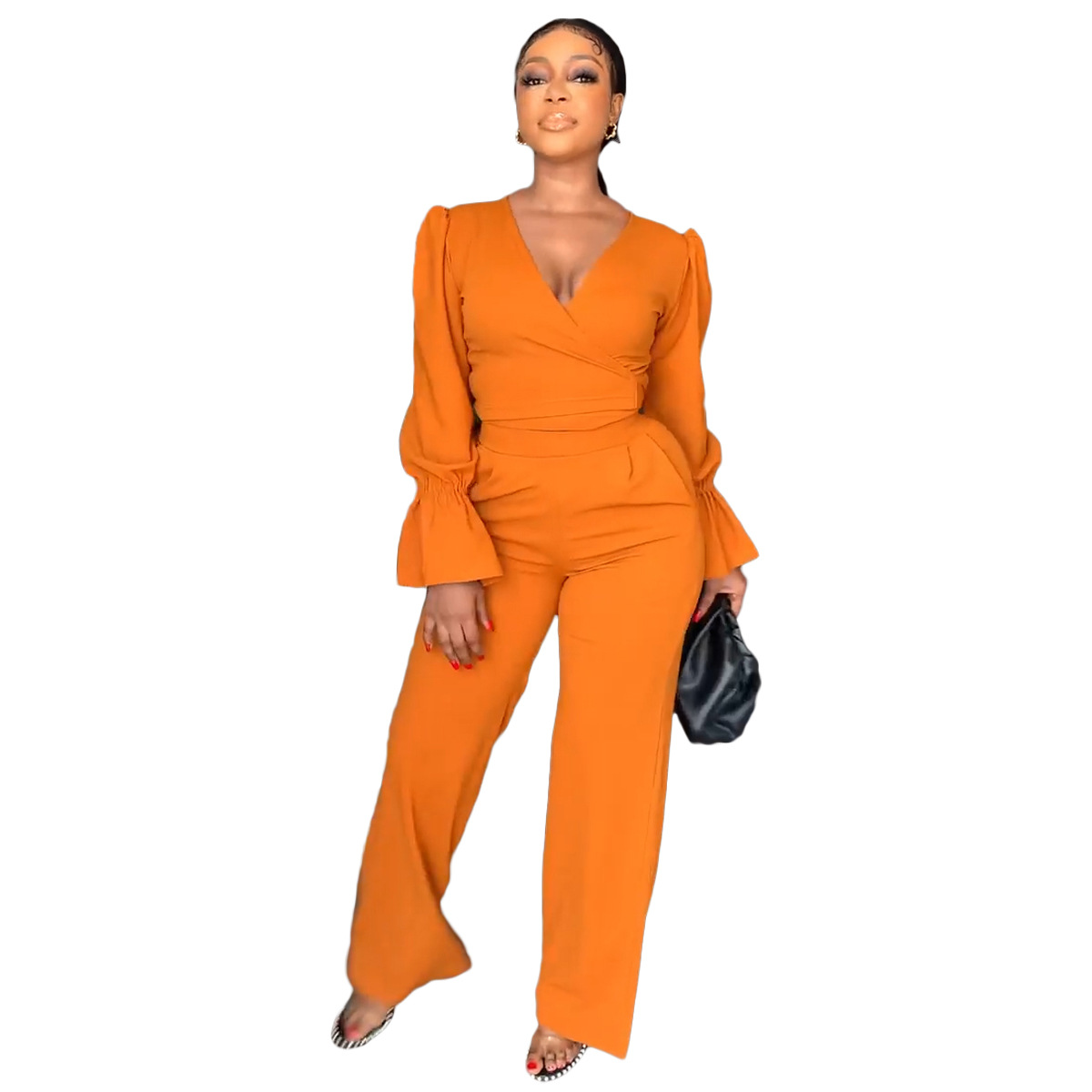 Women Casual V-Neck Lace-Up Bell Bottom Long Sleeve Solid Top and Pants Two-Piece Set