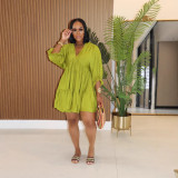 Women Solid Casual V Neck Three-quarter Sleeve Pleated Dress