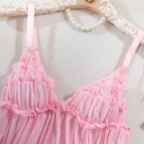 Women Pink Ruffle Edge Suspender Nightdress Sexy Lingerie