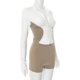 Women Stand Collar Contrast Patchwork Long Sleeve Finger Zipper Top Knot Shorts Two-Piece Set