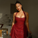 Women Pleated Print Halter Neck Backless Dress