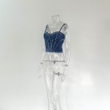 Women Sexy Strapless Fishbone Suspender Sleeveless Denim Top