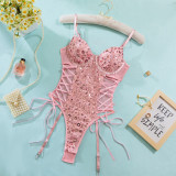 Women Pink Sequin Shaping Butterfly Lace-Up Sexy Bodysuit