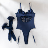 Women Lace See-Through Lace-Up Lace Metal Chain Suspender Bodysuit Sexy Lingerie