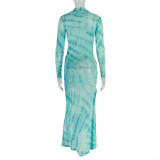 Women Printed Mesh Waist Bodycon High Neck Long Sleeve Chic Dress