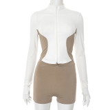 Women Stand Collar Contrast Patchwork Long Sleeve Finger Zipper Top Knot Shorts Two-Piece Set