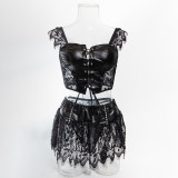 Women Lace Lace-Up Cross Pu Leather Sexy Lingerie