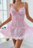Women Pink Ruffle Edge Suspender Nightdress Sexy Lingerie