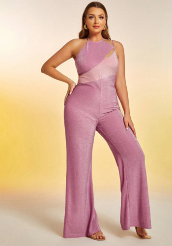 Plus Size Women sexy glitter suspenders Halter Neck wide-leg jumpsuit